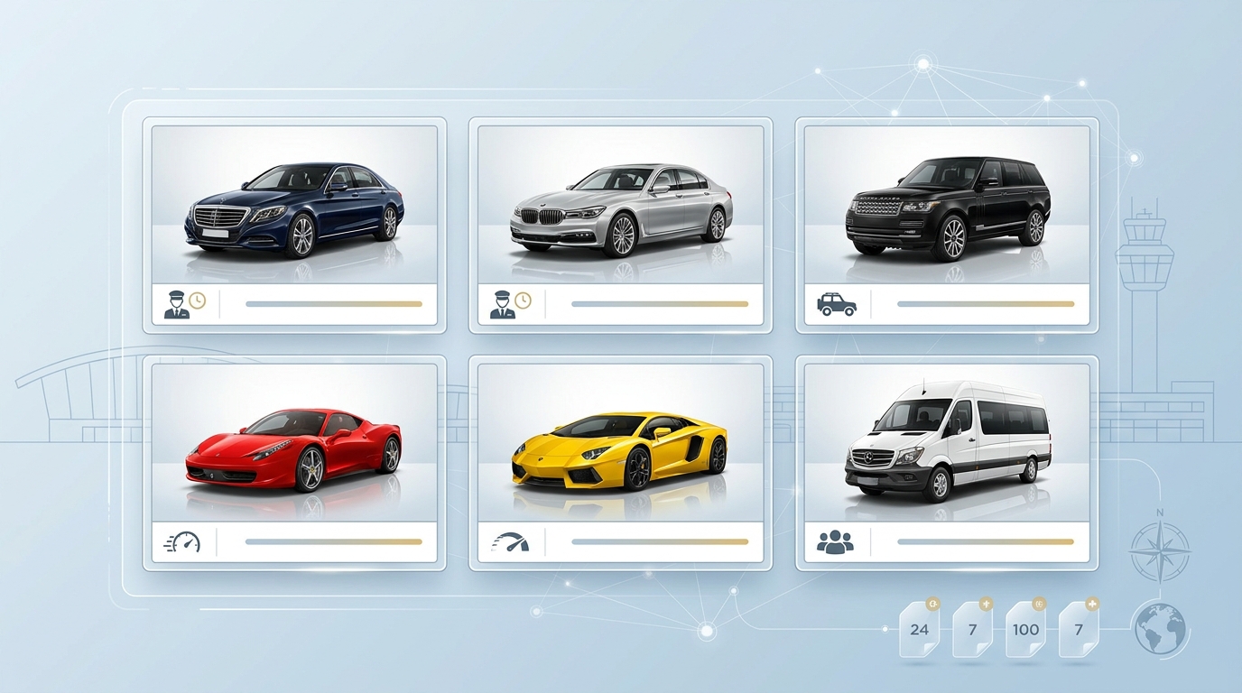 Grid showcase of luxury vehicle categories available - featuring Mercedes-Benz S-Class, BMW 7 Series, Range Rover, Ferrari, Lamborghini, and Mercedes Sprinter van with clean product photography style