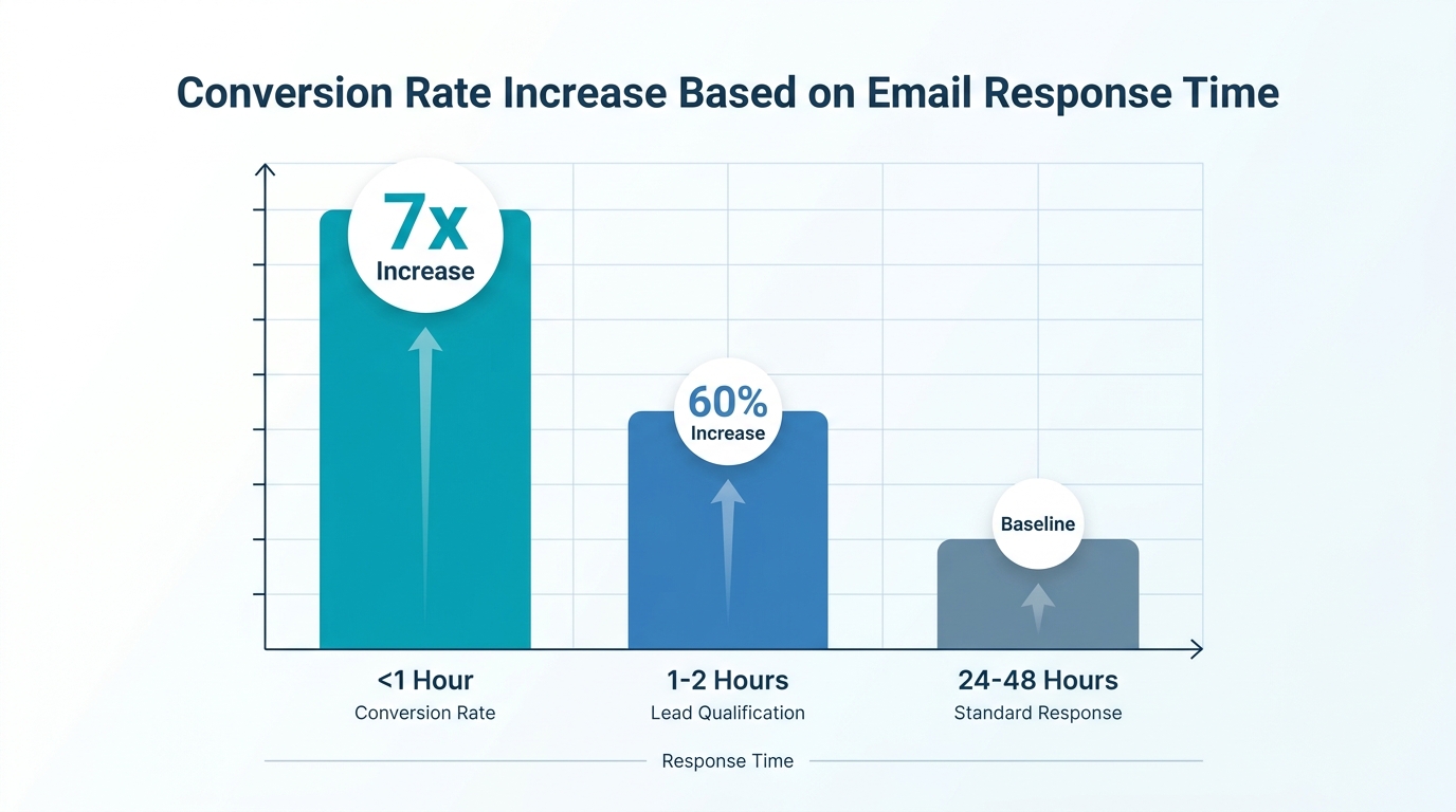 Line graph or bar chart showing conversion rate increase based on response time, highlighting the 7x increase when responding within the first hour and 60% increase in lead qualification within 1-2 hours