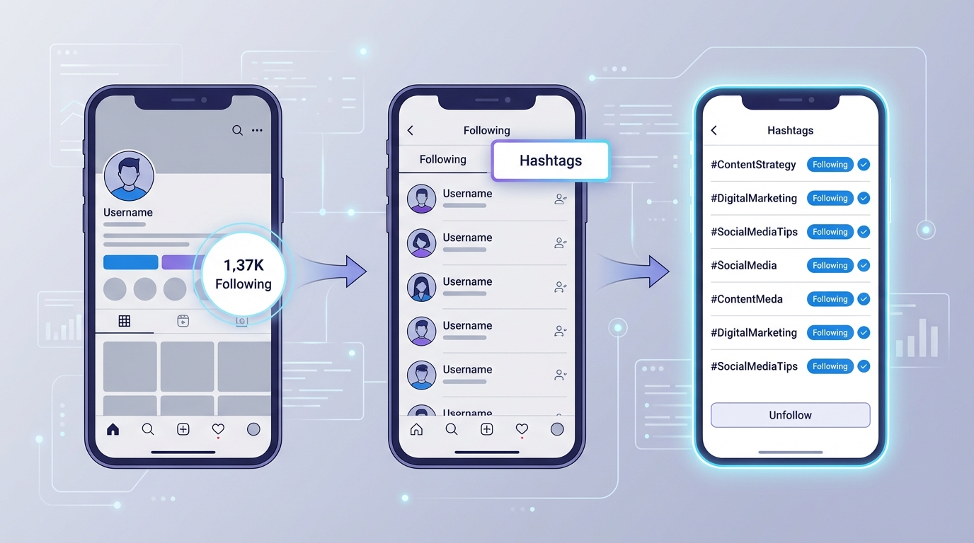 Screenshot sequence showing: 1) Profile page with Following count highlighted, 2) Following list with Hashtags filter tab at top, 3) List view of followed hashtags