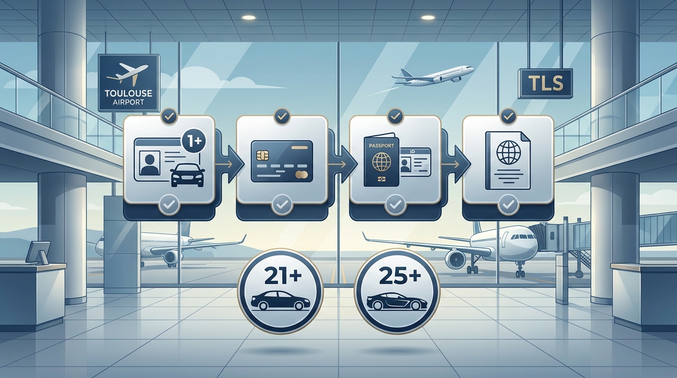 Infographic checklist showing required documents: driver's license (1+ year), credit card, passport/ID, and International Driving Permit for international visitors, with age requirement icons (21+ standard, 25+ luxury)