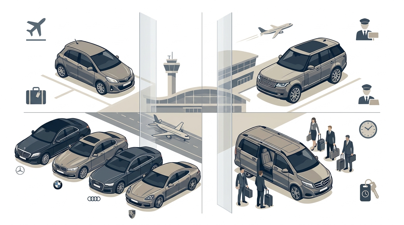 Grid or lineup illustration showcasing available vehicle categories: compact economy car, luxury sedans (Mercedes-Benz, BMW, Audi, Porsche), premium SUV (Range Rover), and Mercedes-Benz V-Class for groups