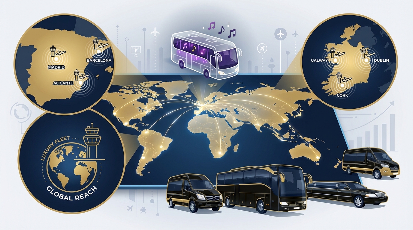 Map visualization showing international service coverage across 100+ countries with highlighted popular destinations in Spain (Alicante, Barcelona, Madrid) and Ireland (Dublin, Cork, Galway) with airport icons
