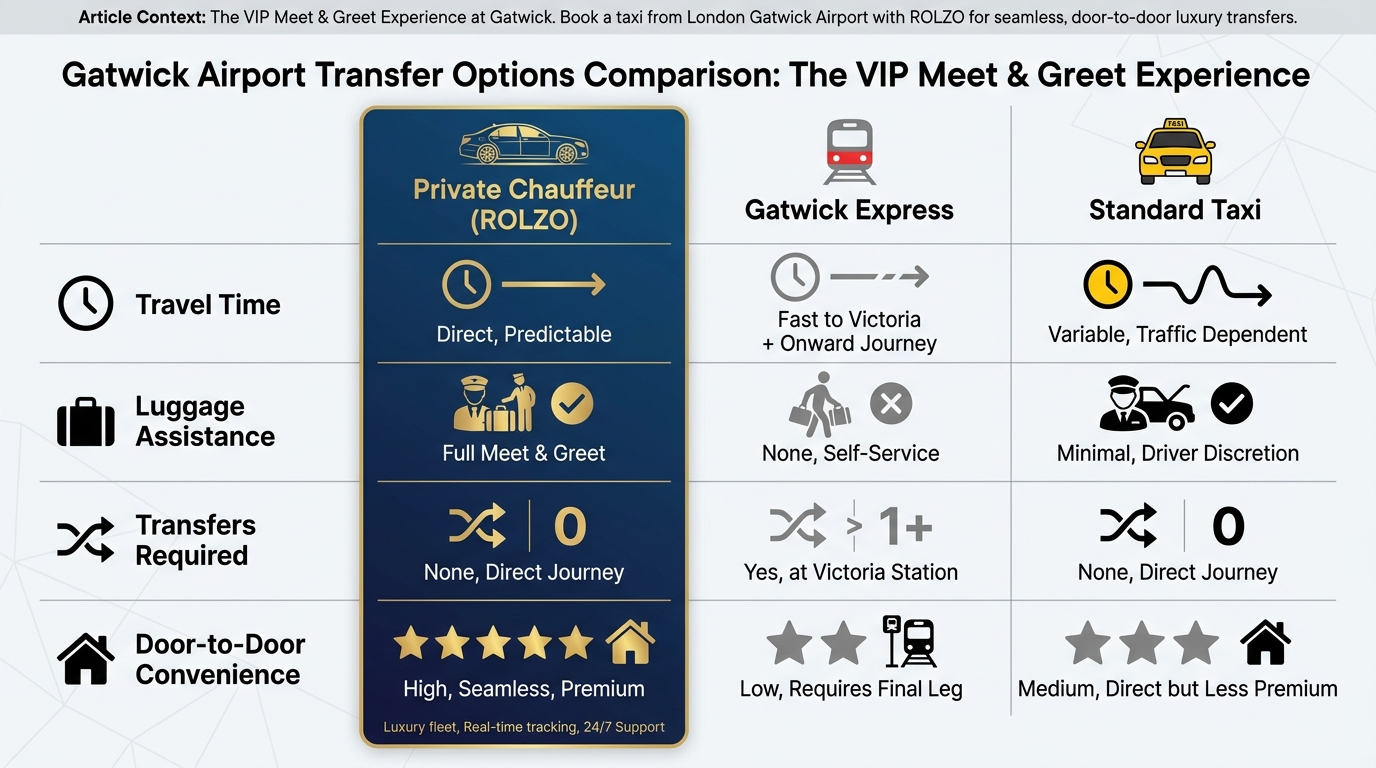 Comparison table of transfer options (Private Chauffeur, Gatwick Express, Standard Taxi) across criteria like travel time, luggage assistance, transfers required, and door-to-door convenience