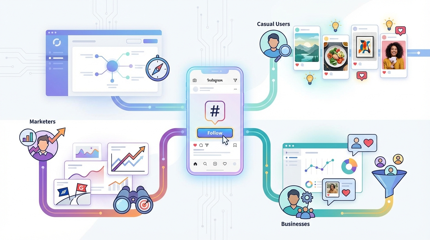 Infographic showing benefits of following hashtags for different user types: casual users (content discovery), marketers (trend monitoring, competitor tracking), and businesses (audience insights, UGC discovery)