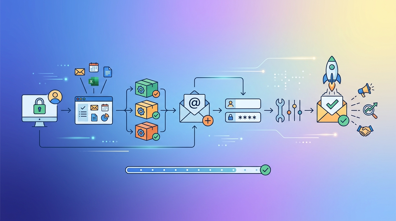 Step-by-step visual flowchart showing the GoDaddy email account creation process: Login → Email & Office Dashboard → Select Plan → Create Email Address → Enter Username → Set Password → Configure Settings → Complete