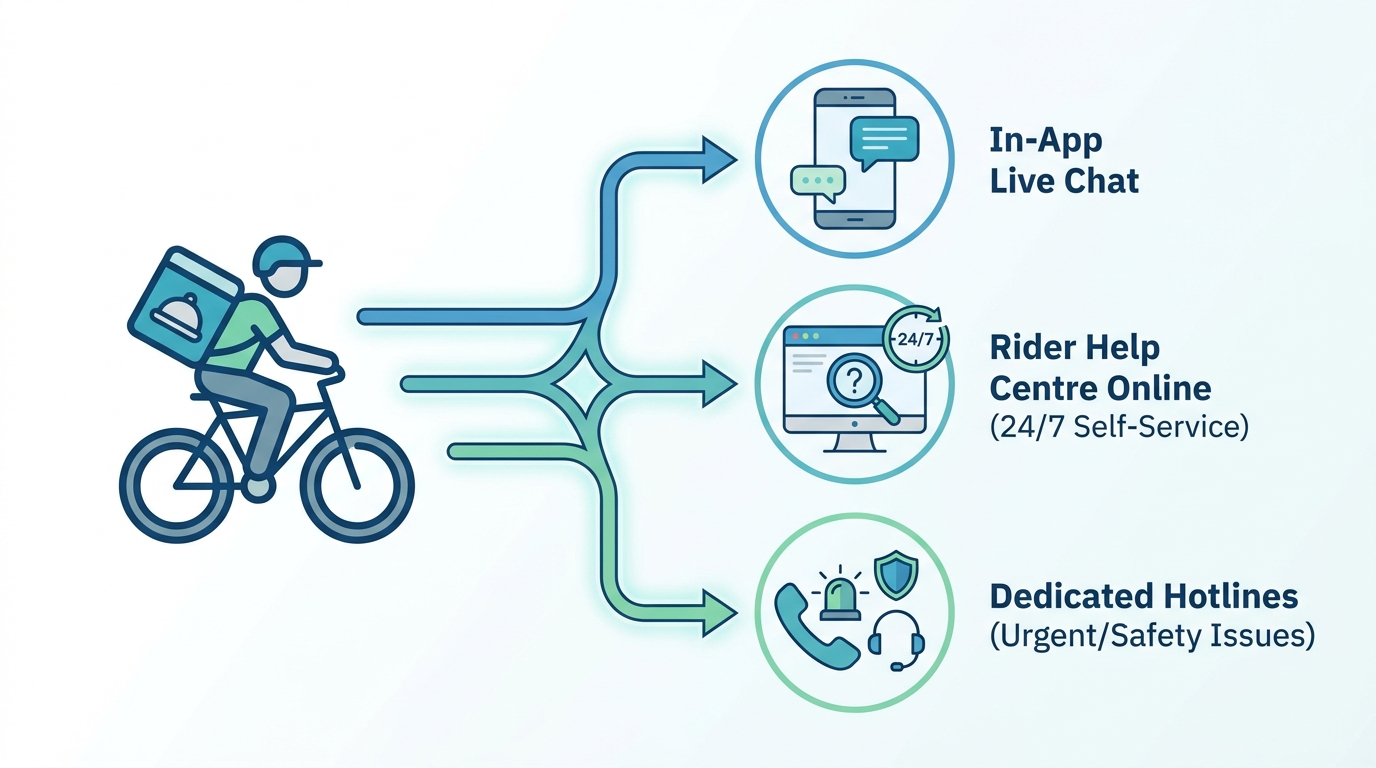 Diagram or flowchart illustrating the rider support pathways: in-app live chat, Rider Help Centre online (24/7 self-service), and dedicated hotlines for urgent/safety issues