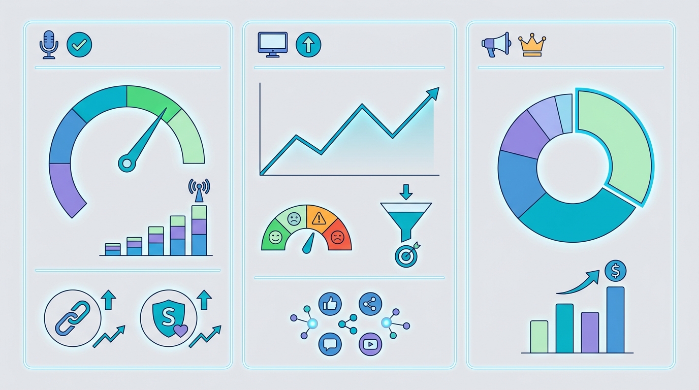 Dashboard-style infographic displaying key KPI metrics with icons: media pickup rate, reach/impressions, website traffic, social engagement, backlinks, sentiment analysis, conversion rates, and share of voice