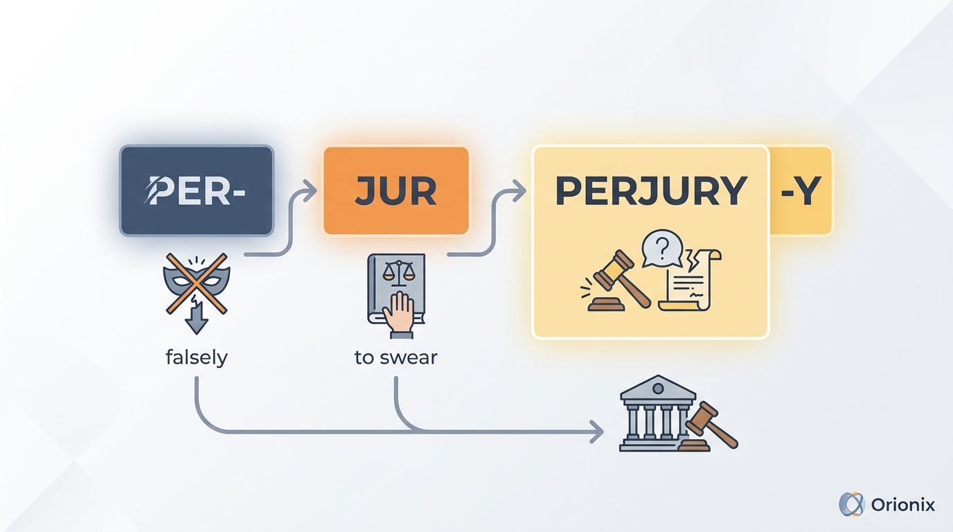 An infographic breaking down a word like 'perjury' into its component parts: prefix 'per-' (falsely) + root 'jur' (to swear) = 'to swear falsely,' with visual color-coded segments showing how prefixes and suffixes attach to the root.