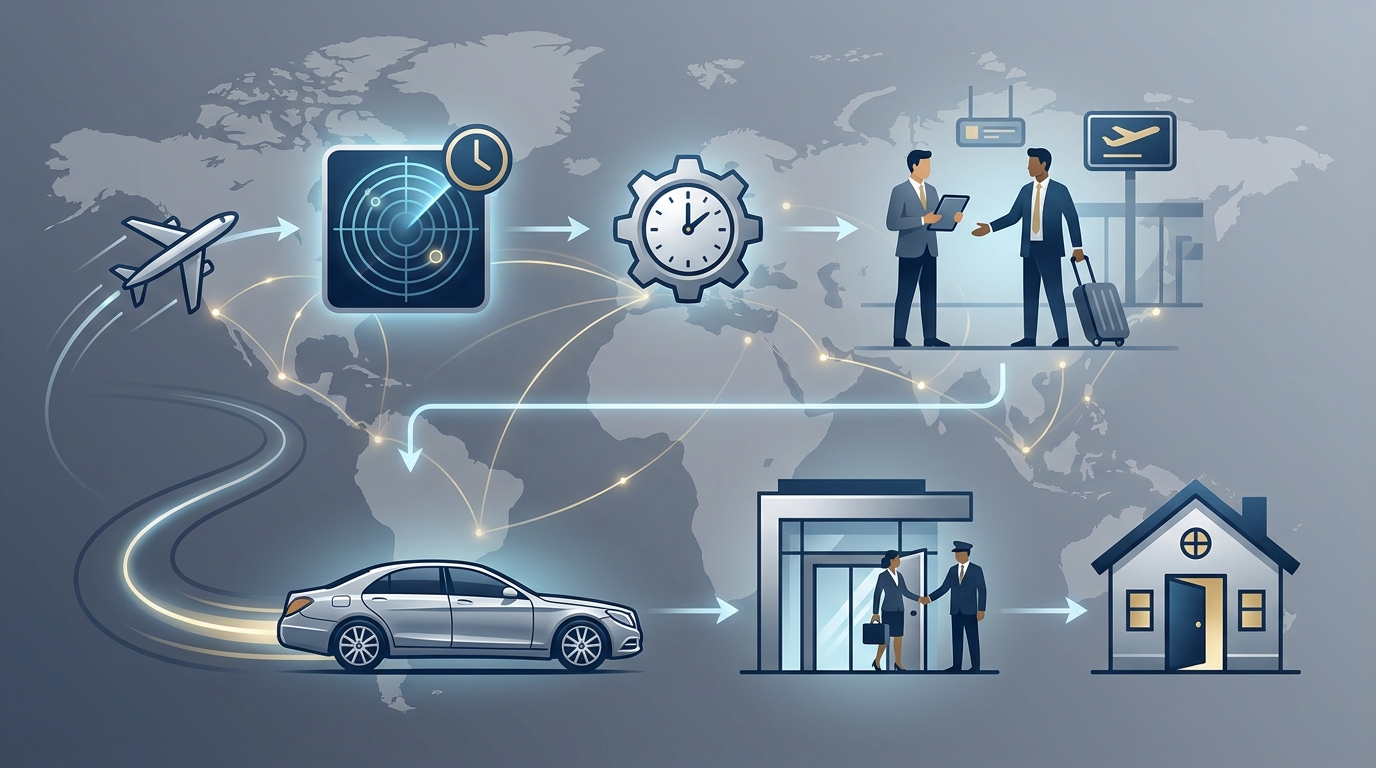 Diagram illustrating the flight tracking and airport pickup process: flight arrival monitoring, chauffeur timing adjustment for delays, meet-and-greet, and door-to-door transfer