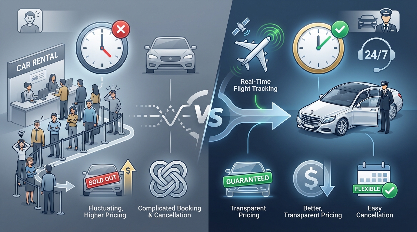 Infographic or icon-based diagram showing the key benefits: guaranteed availability, better pricing, faster pickup, no queues, real-time flight tracking, 24/7 support, and flexible cancellation - presented in a clean, visual format
