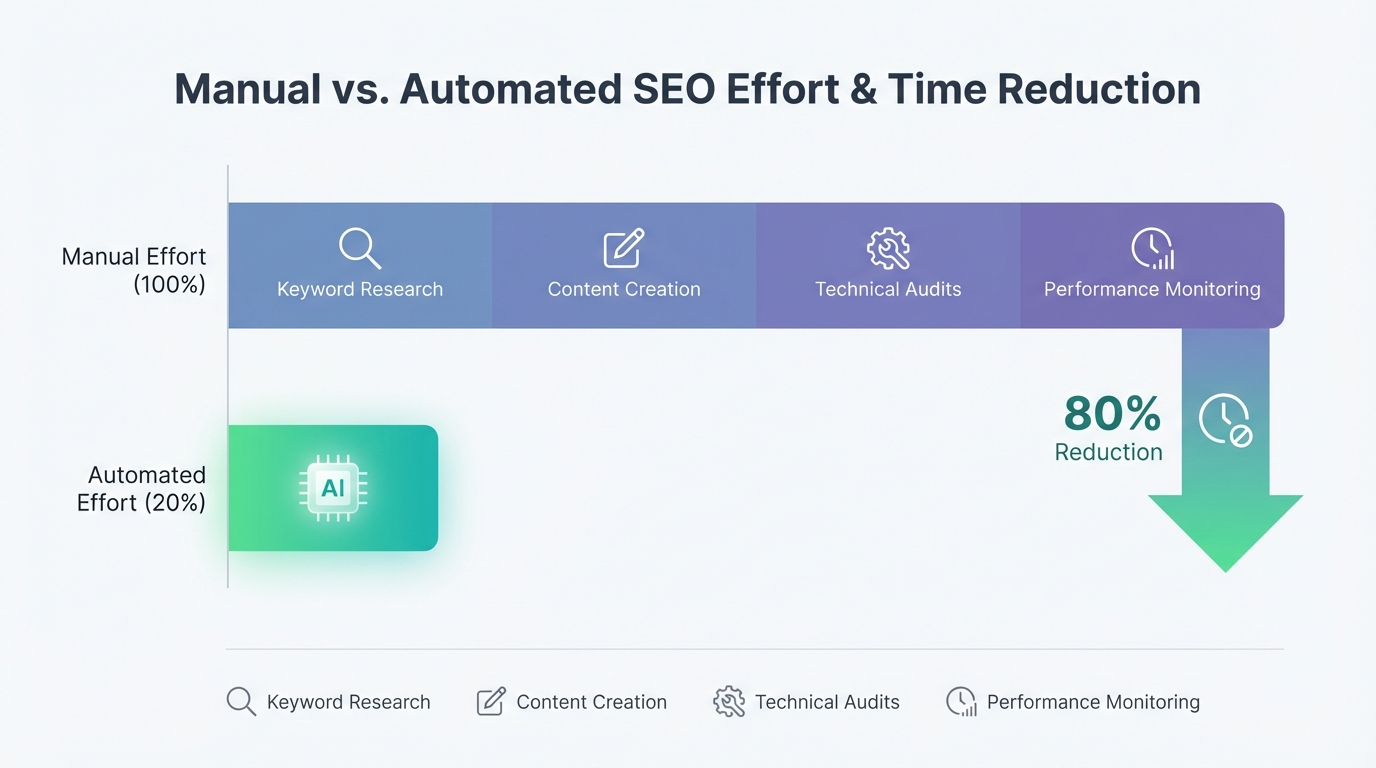 Visual representation showing 80% reduction in manual effort, with icons representing automated tasks like keyword research, content creation, technical audits, and performance monitoring