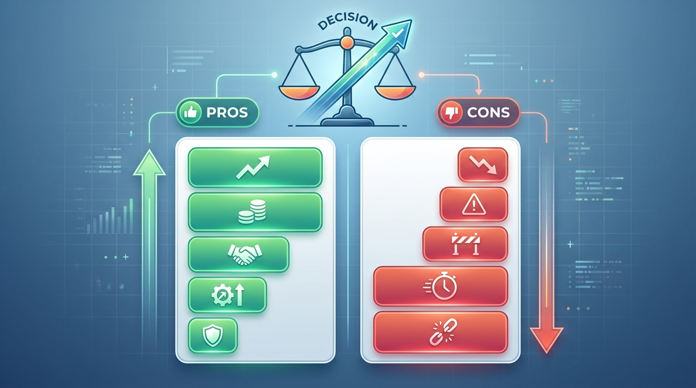 A two-column template graphic labeled 'Pros' and 'Cons' with the decision written at the top, demonstrating how to structure a pros and cons list with weighted points