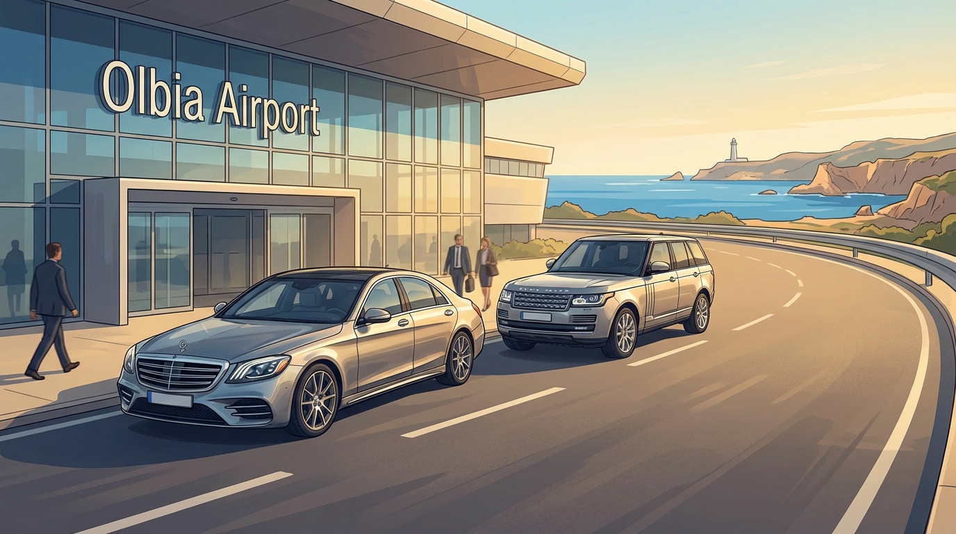 Hero image showing luxury vehicles (Mercedes-Benz S-Class, Range Rover, or similar premium car) at Olbia Airport terminal with Sardinian coastal backdrop