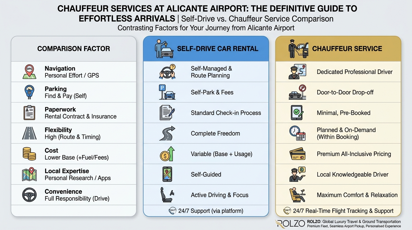 A side-by-side comparison table contrasting Self-Drive Car Rental vs. Chauffeur Service across factors like navigation, parking, paperwork, flexibility, cost, local expertise, and convenience