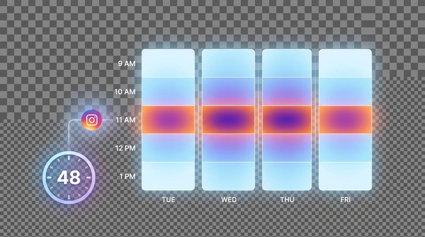 Heat map or bar chart showing optimal Instagram posting times by day of week (Tuesday-Friday) and time of day (9 AM - 1 PM window, with 11 AM peak highlighted)