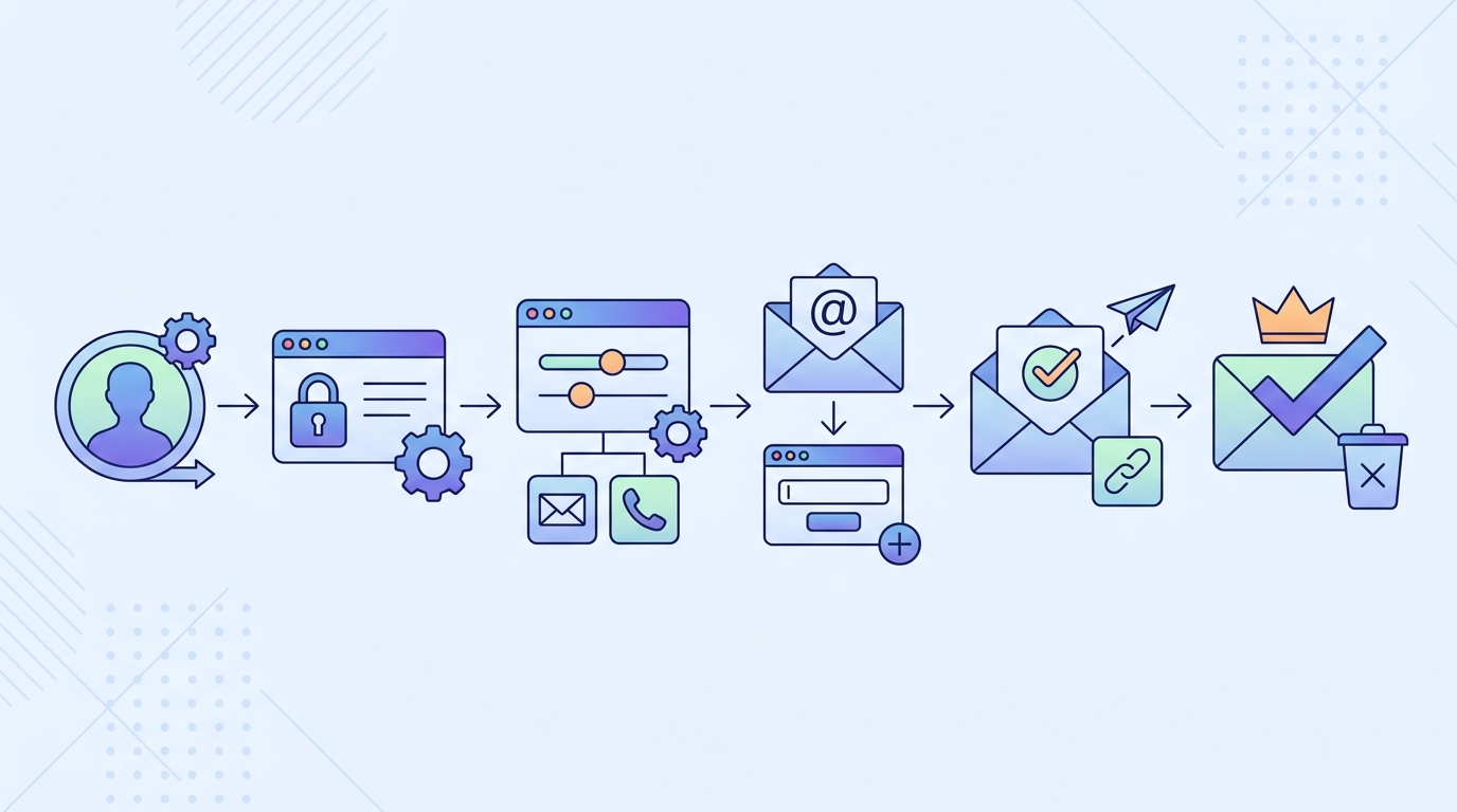 Step-by-step visual diagram showing the LinkedIn email change process: profile icon → Settings & Privacy → Account preferences → Email addresses → Add/Verify → Set as primary