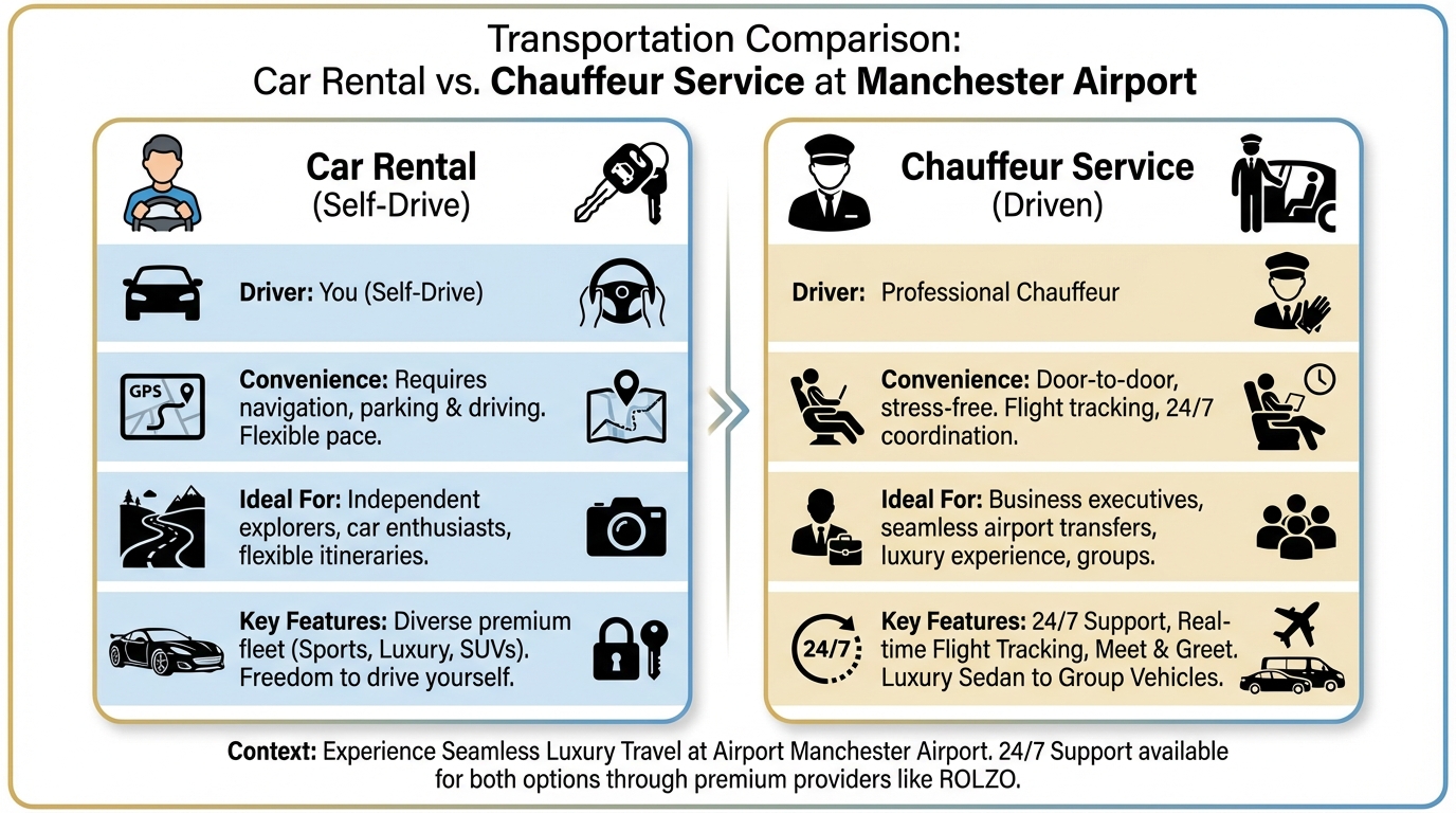 Side-by-side comparison table showing key differences between car rental (self-drive) and chauffeur service, including factors like driver, convenience, ideal for, and key features