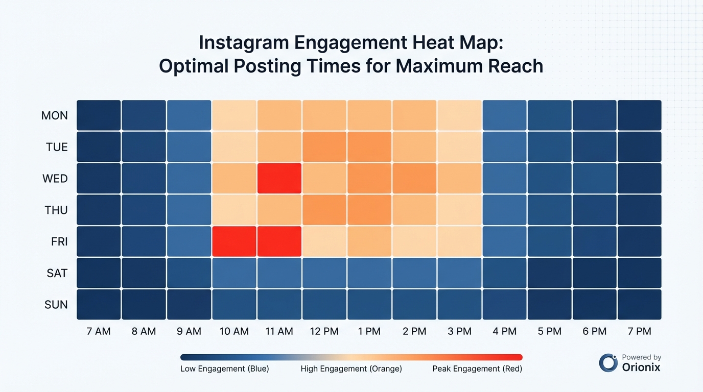 Heat map or bar chart showing optimal Instagram posting times throughout the week, highlighting peak engagement windows (Wednesdays at 11 AM and Fridays at 10-11 AM, weekdays 10 AM-3 PM)