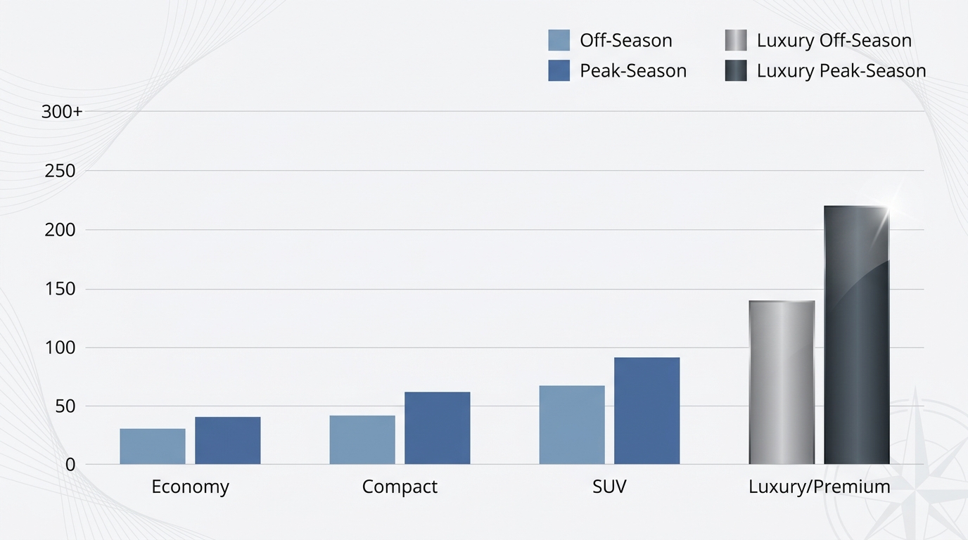 Bar chart comparing average daily rental prices by vehicle category (economy €25-40, compact, SUV, luxury/premium) at Sevilla Airport, with peak vs off-season variations