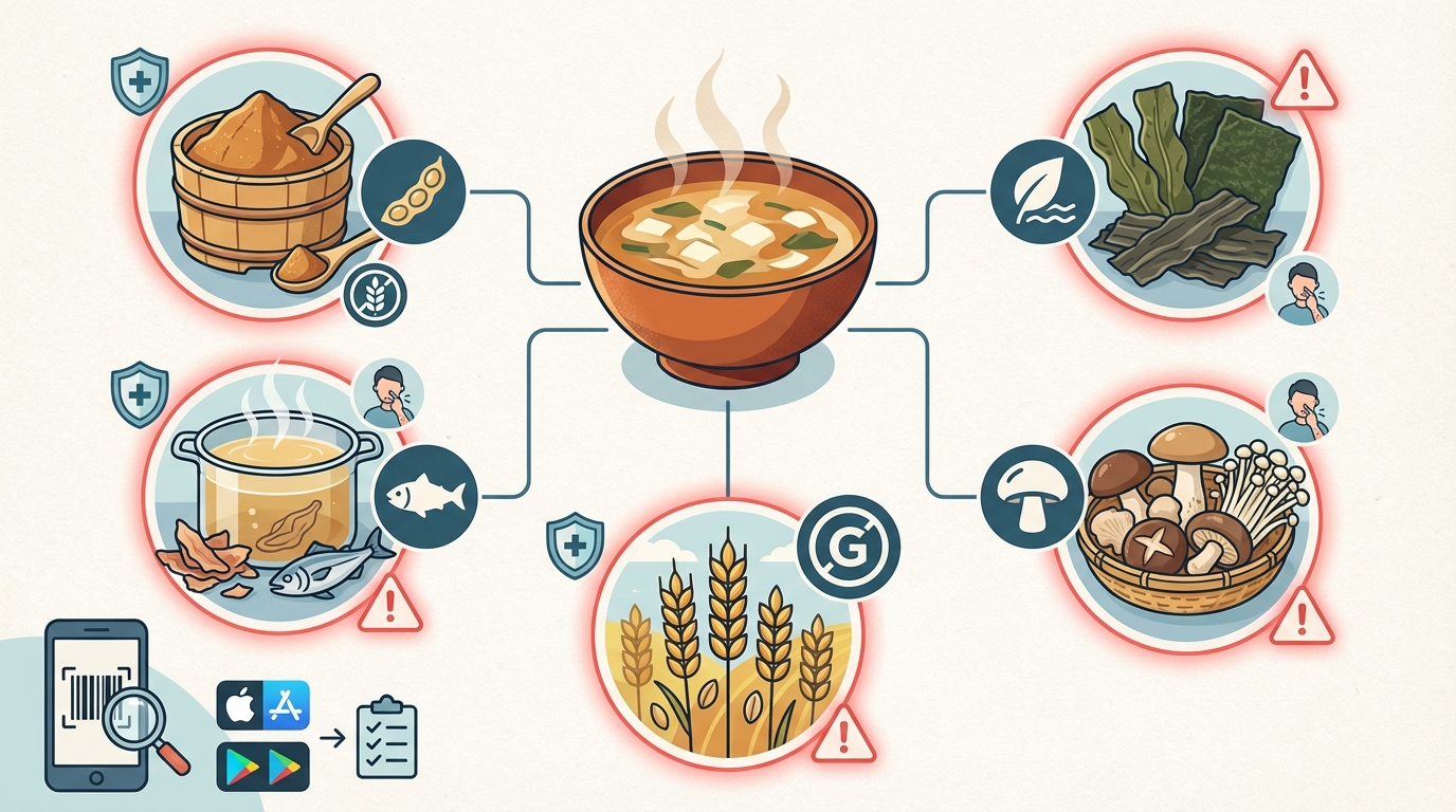 Visual infographic showing common allergens found in miso soup ingredients: soy (miso paste), fish (dashi stock), gluten (wheat/barley miso), seaweed, and mushrooms with icons