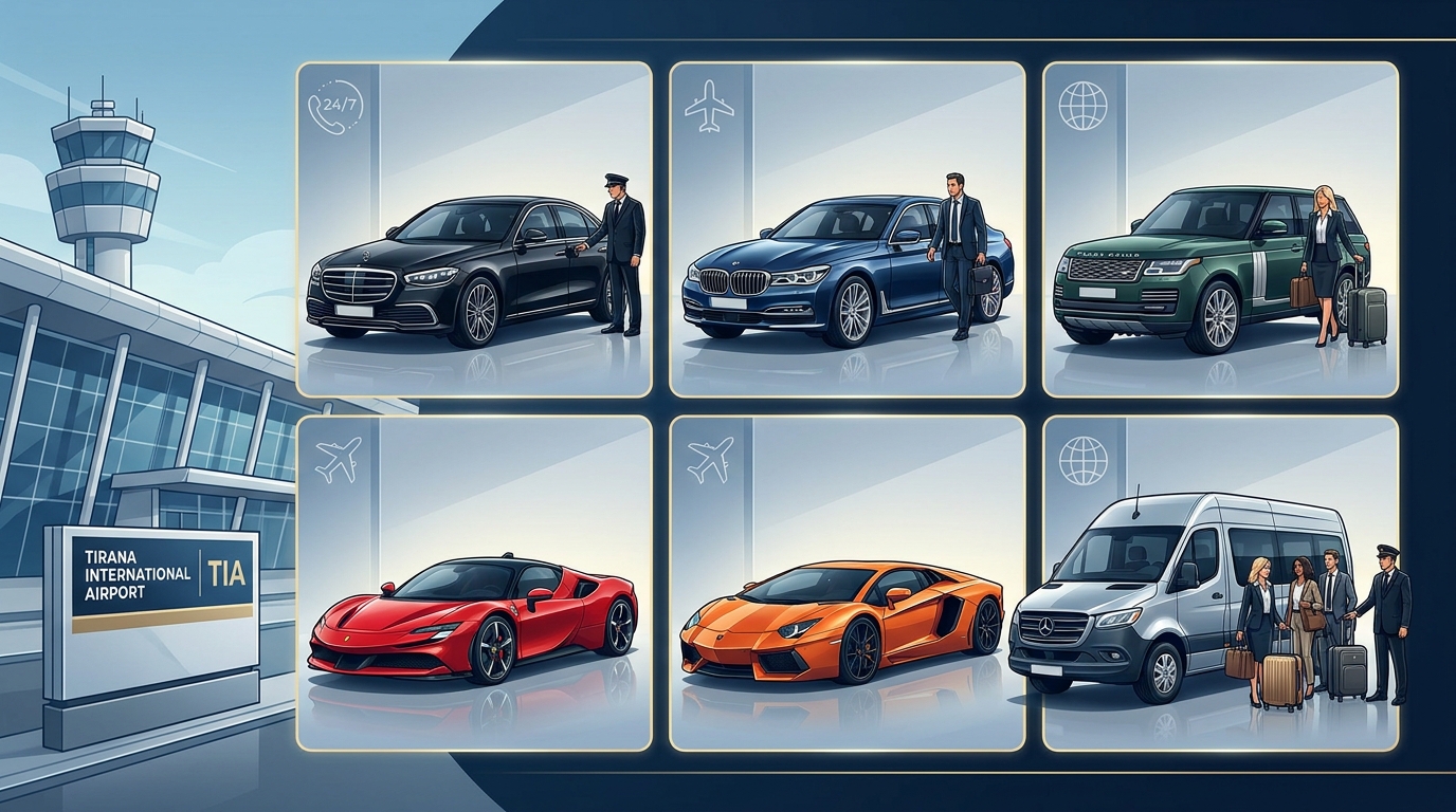Visual showcase grid featuring images of available luxury vehicles: Mercedes-Benz S-Class, BMW 7 Series, Range Rover, Ferrari, Lamborghini, and Mercedes Sprinter van