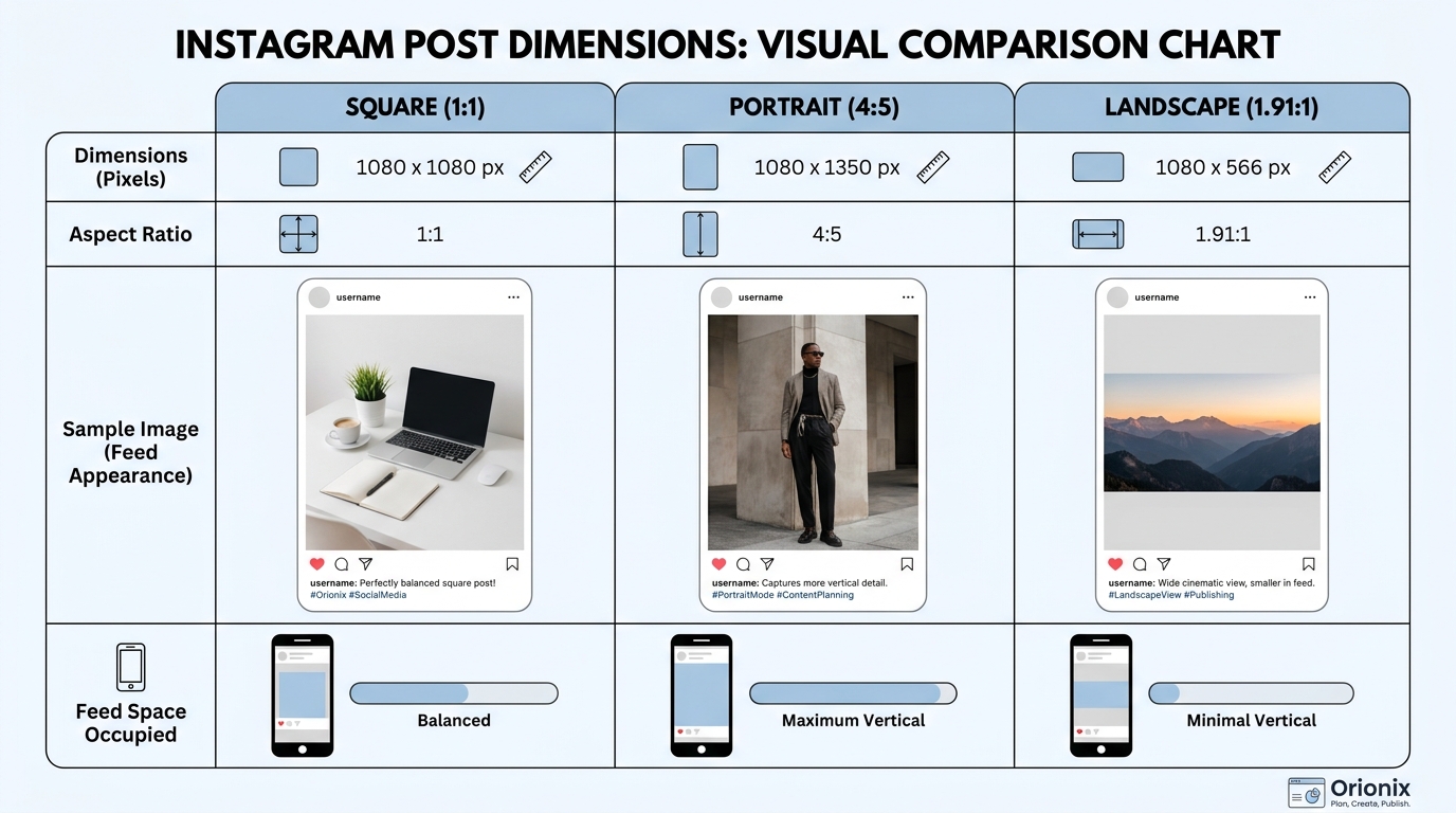 Visual comparison chart showing the three main Instagram post formats side by side: Square (1080x1080, 1:1), Portrait (1080x1350, 4:5), and Landscape (1080x566, 1.91:1), with sample images demonstrating how each appears in the feed
