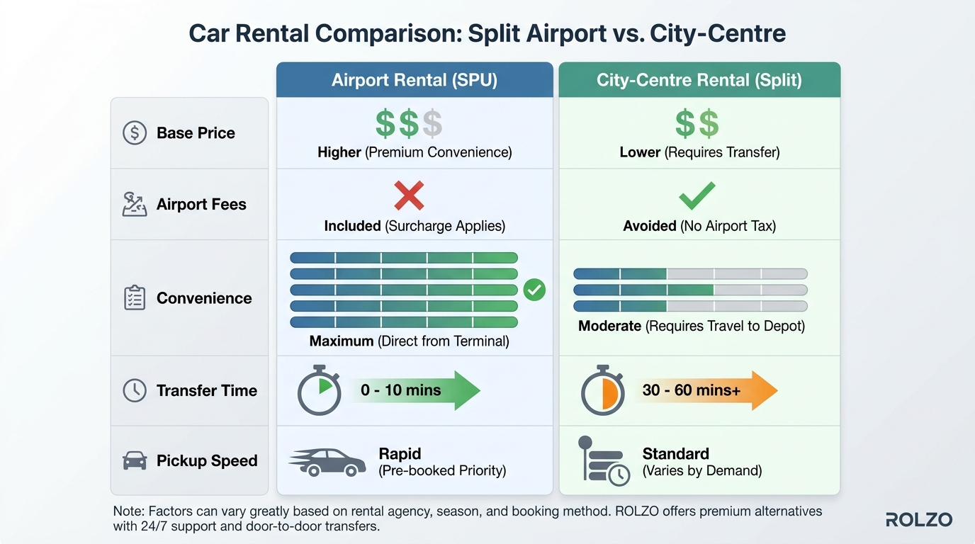 Comparison table showing airport rental vs city-centre rental across factors like base price, airport fees, convenience, transfer time, and pickup speed