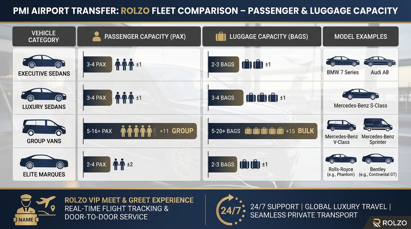 Visual fleet comparison chart showing vehicle categories (executive sedans, luxury sedans, group vans, elite marques) with passenger and luggage capacity for models like Mercedes-Benz S-Class, BMW 7 Series, Audi A8, V-Class, Sprinter, Rolls-Royce, and Bentley