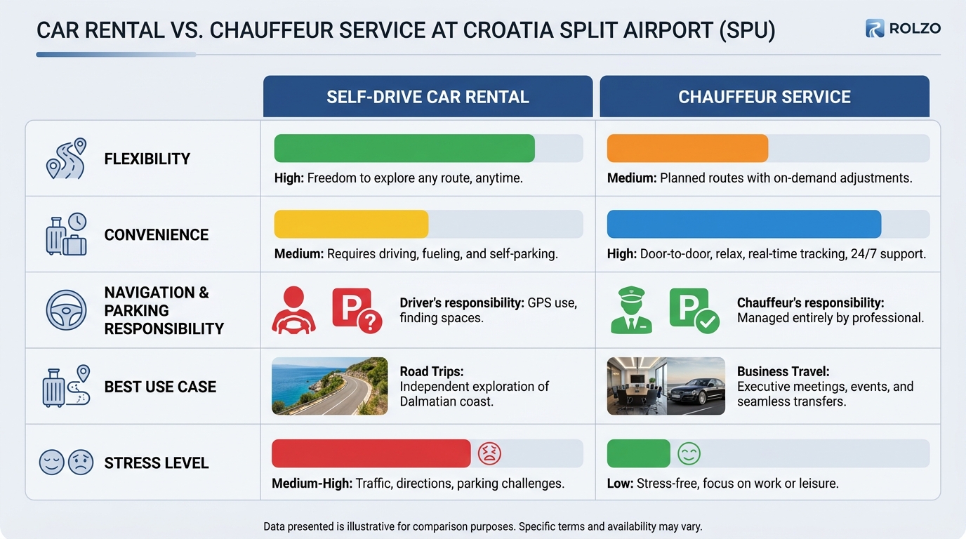 Side-by-side comparison table contrasting self-drive car rental versus chauffeur service across factors like flexibility, convenience, navigation/parking responsibility, best use case (road trips vs business travel), and stress level