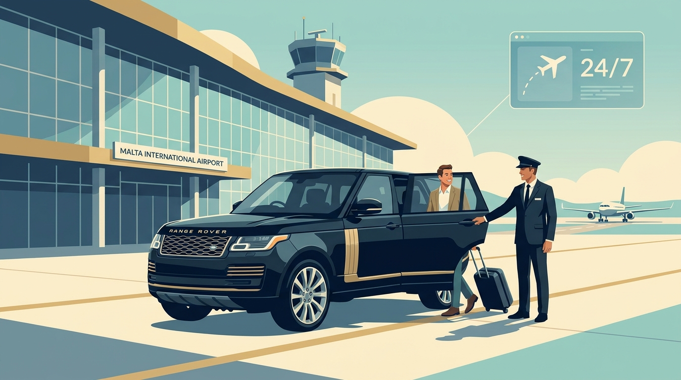 Hero image showing a luxury vehicle (Mercedes-Benz or Range Rover) arriving at Malta International Airport with a professional chauffeur greeting a traveller
