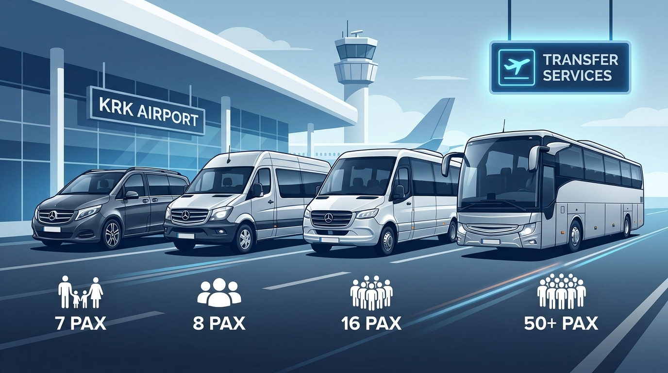 Comparison image showing different group vehicle sizes: Mercedes-Benz Sprinter (6-8 passengers), V-Class (up to 7), minibus (up to 16), and luxury coach (50+ passengers) with passenger capacity indicators
