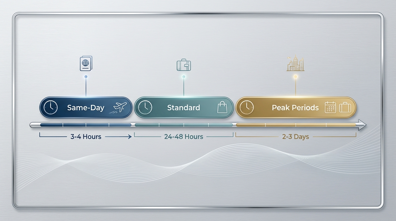 Timeline graphic showing recommended ordering windows: 3-4 hours for same-day, 24-48 hours standard, 2-3 days during peak periods