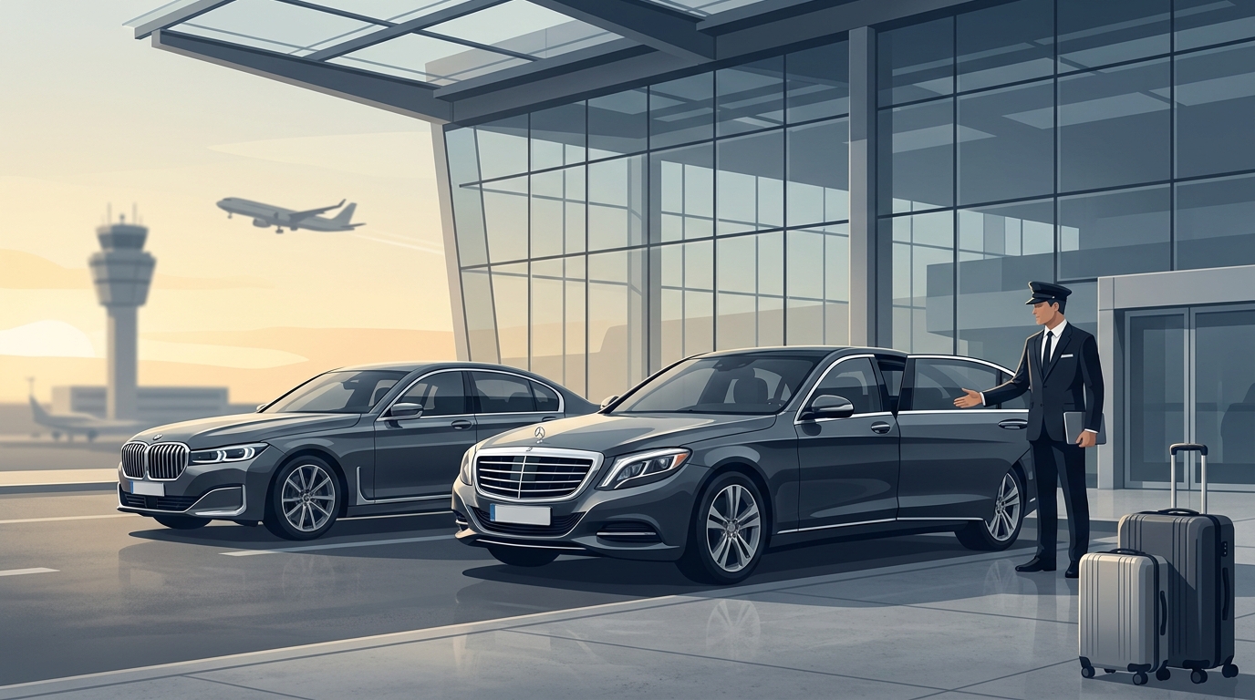 Hero image showing luxury chauffeur-driven vehicles (Mercedes-Benz S-Class, BMW 7 Series, or similar) at Orio al Serio Airport terminal with professional driver