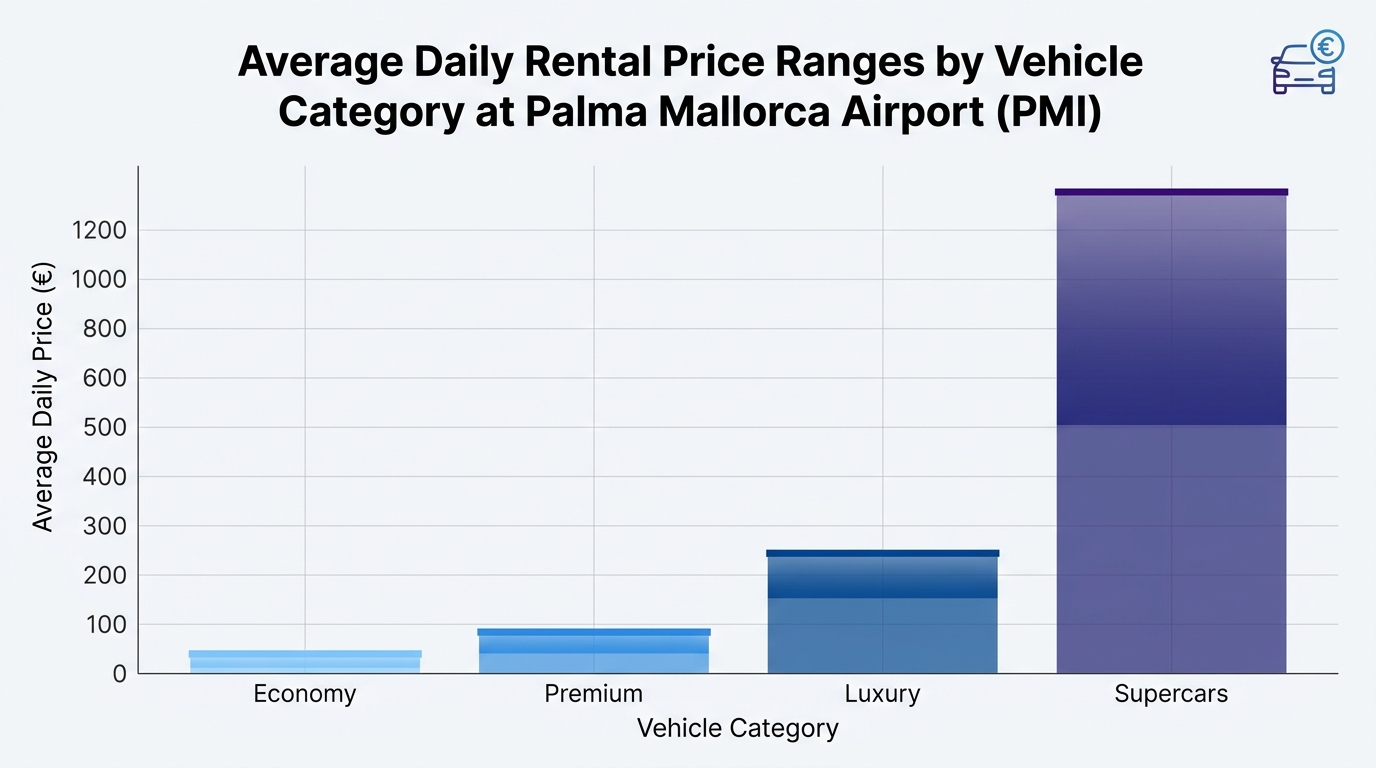 Bar chart comparing average daily rental prices by vehicle category (economy €25-40/day, premium, luxury, supercars) at Palma Mallorca Airport, illustrating cost ranges across tiers