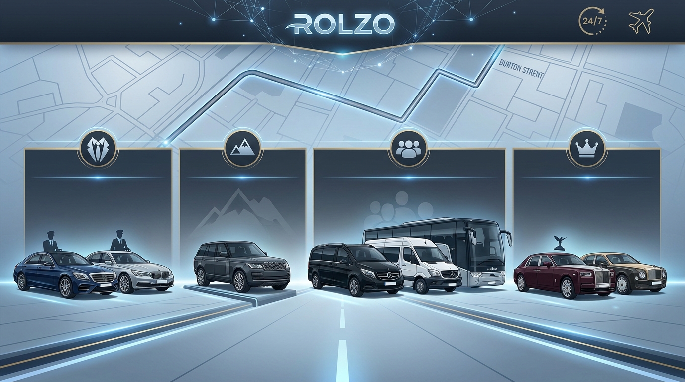 Visual grid or lineup illustration of ROLZO's fleet categories: luxury sedans (Mercedes-Benz S-Class, BMW 7 Series), SUVs (Range Rover), group vehicles (V-Class, Sprinter, Van Hool coach), and VIP options (Rolls-Royce, Bentley)