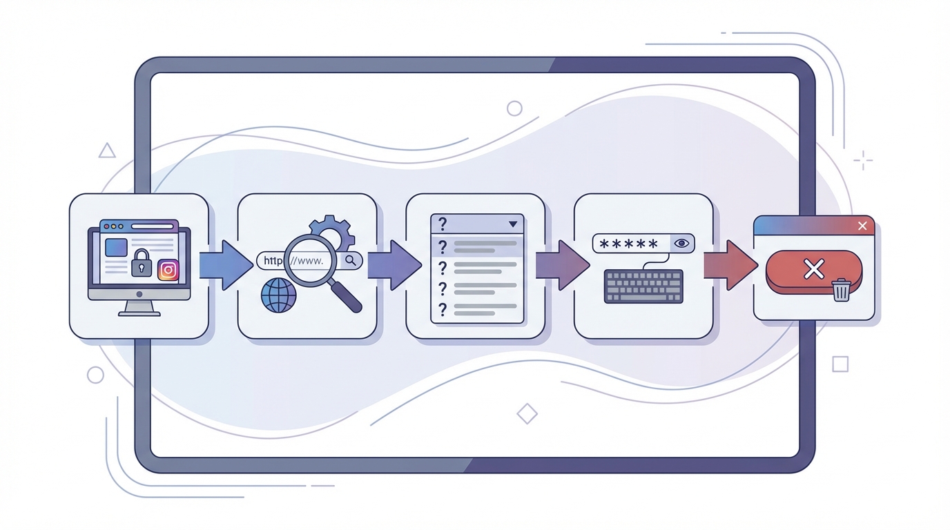 Step-by-step visual flowchart showing the deletion process: browser login → navigate to deletion URL → select reason → enter password → click delete button