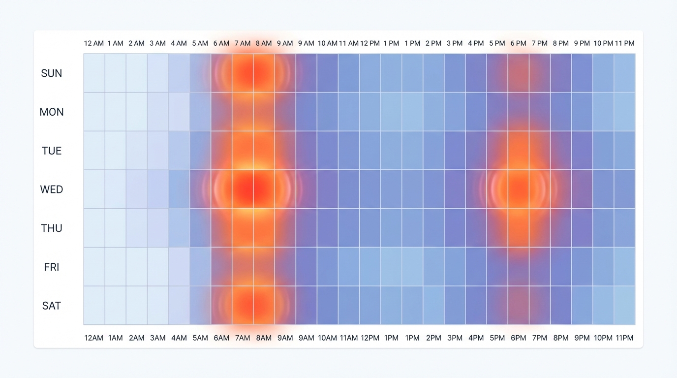 Timeline or heat map visualization showing optimal Instagram posting times throughout the day, highlighting 6-9 AM and 5-7 PM peak engagement windows