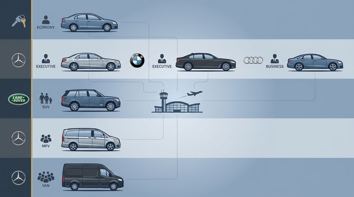 Grid or lineup illustration of available vehicle classes (economy car, Mercedes-Benz S-Class, BMW 7 Series, Audi, Range Rover, Mercedes-Benz V-Class, Sprinter) with labels showing brand and seating/use case