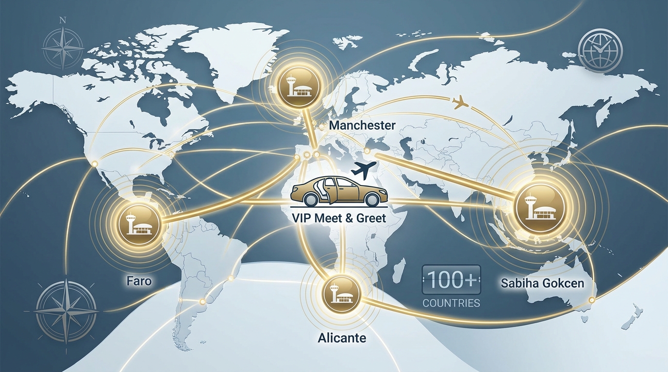 Map or infographic showing ROLZO's global airport transfer coverage highlighting Faro, Alicante, Manchester, and Sabiha Gokcen airports across 100+ countries