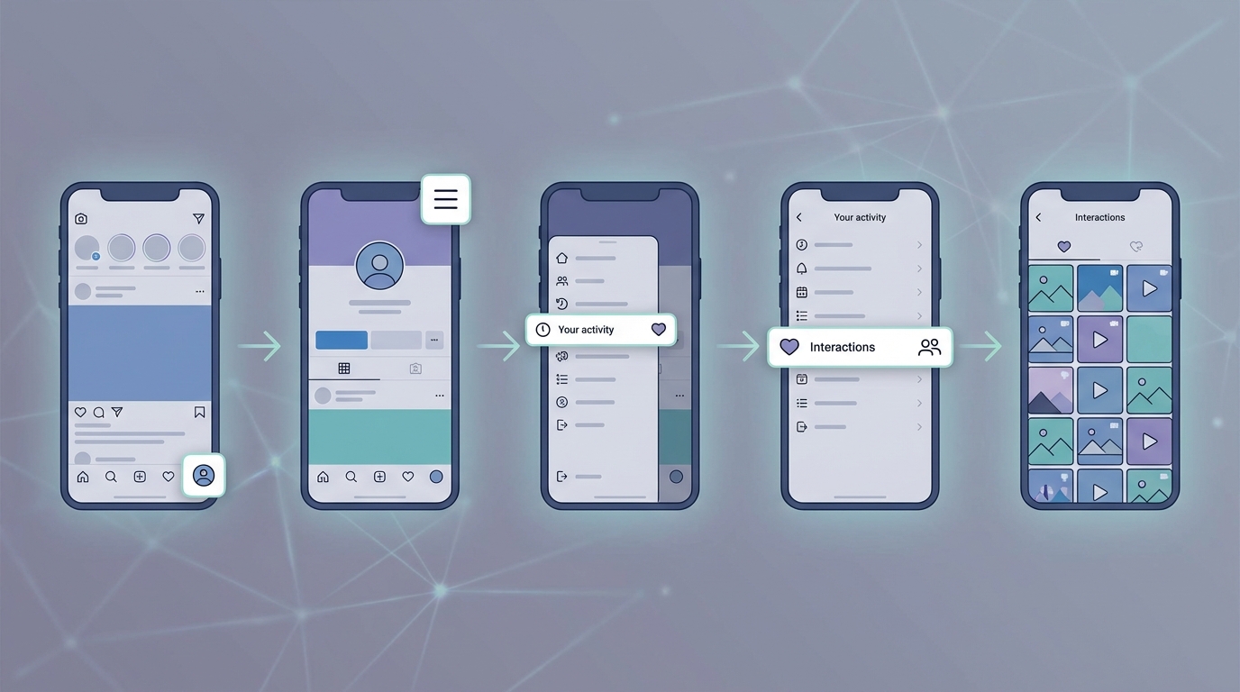 Step-by-step screenshot sequence showing the Instagram navigation path: profile icon → menu (three lines) → 'Your activity' → 'Interactions' → 'Likes'