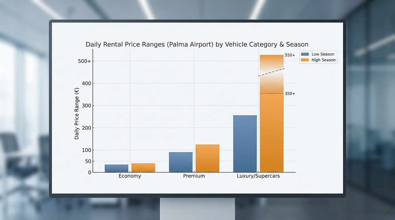 Bar chart comparing daily rental price ranges across vehicle categories: economy (€25–€40), premium (€100+), and luxury/supercars (several hundred euros daily), with seasonal variation highlighted
