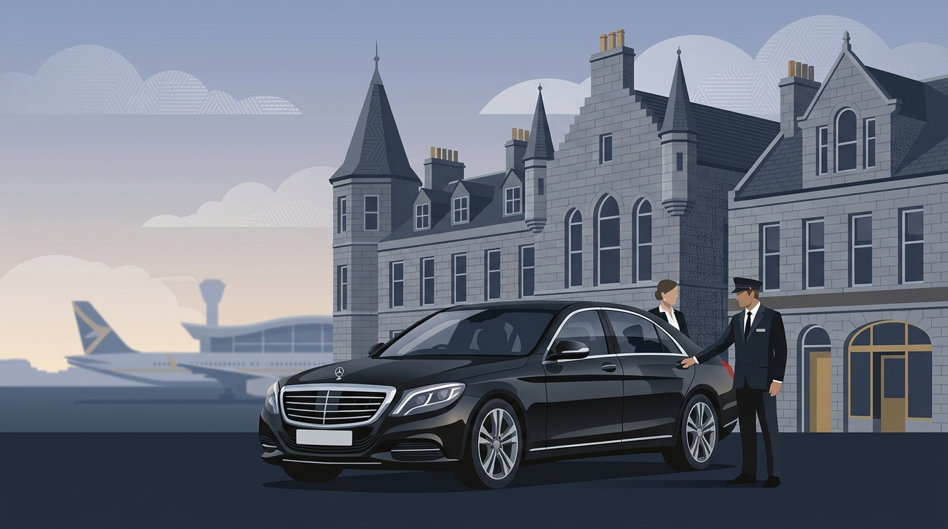 Hero image showing a luxury Mercedes-Benz S-Class or BMW 7 Series chauffeur vehicle in front of iconic Aberdeen granite architecture or Aberdeen Airport