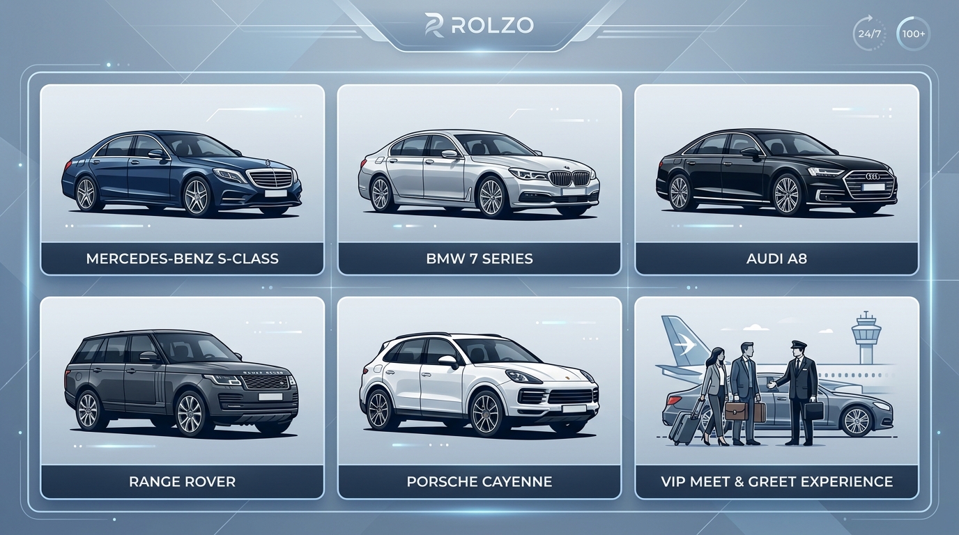 Grid or gallery showcasing the premium fleet brands mentioned: Mercedes-Benz S-Class, BMW 7 Series, Audi A8, RangeRover, and Porsche Cayenne, with model labels.