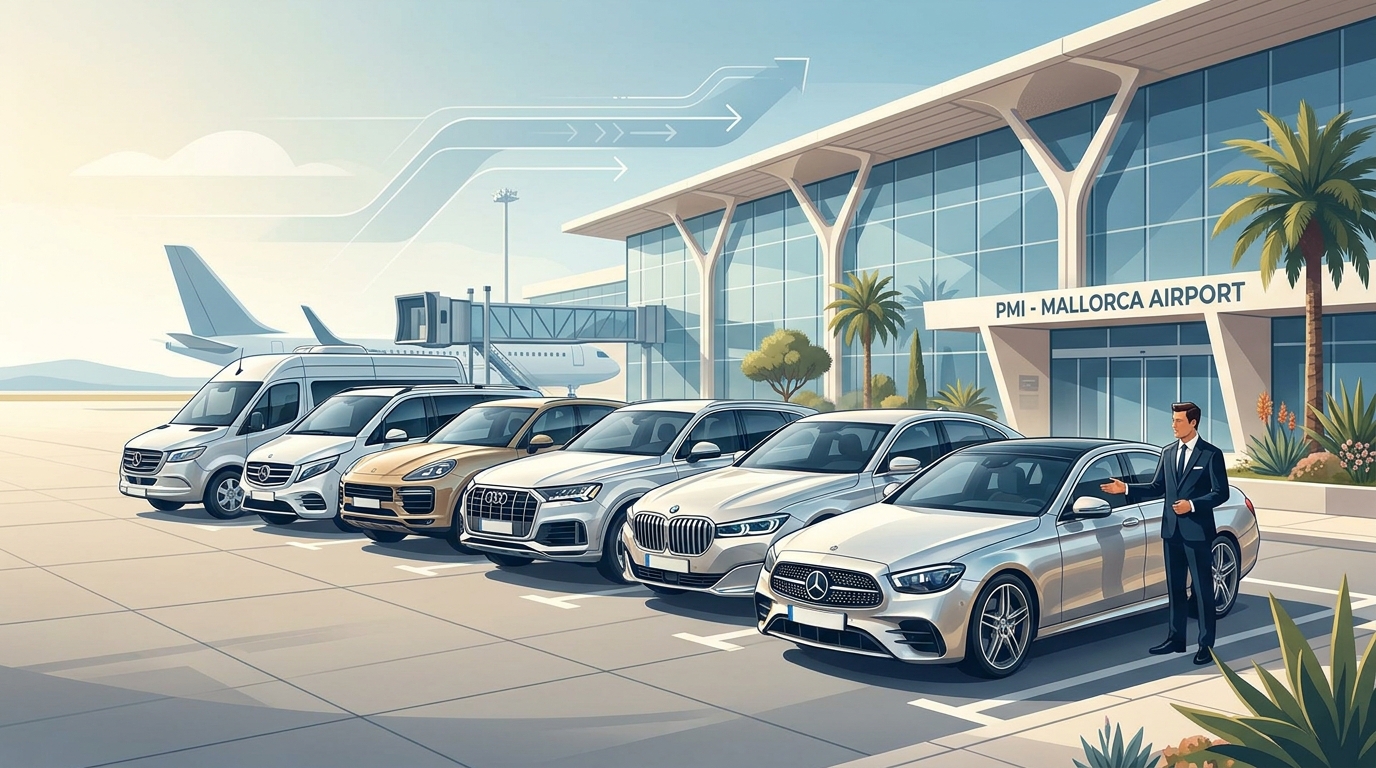 Visual lineup showcasing the range of available luxury vehicle brands and models (Mercedes-Benz S-Class, BMW, Audi, Porsche, Range Rover, V-Class, Sprinter)