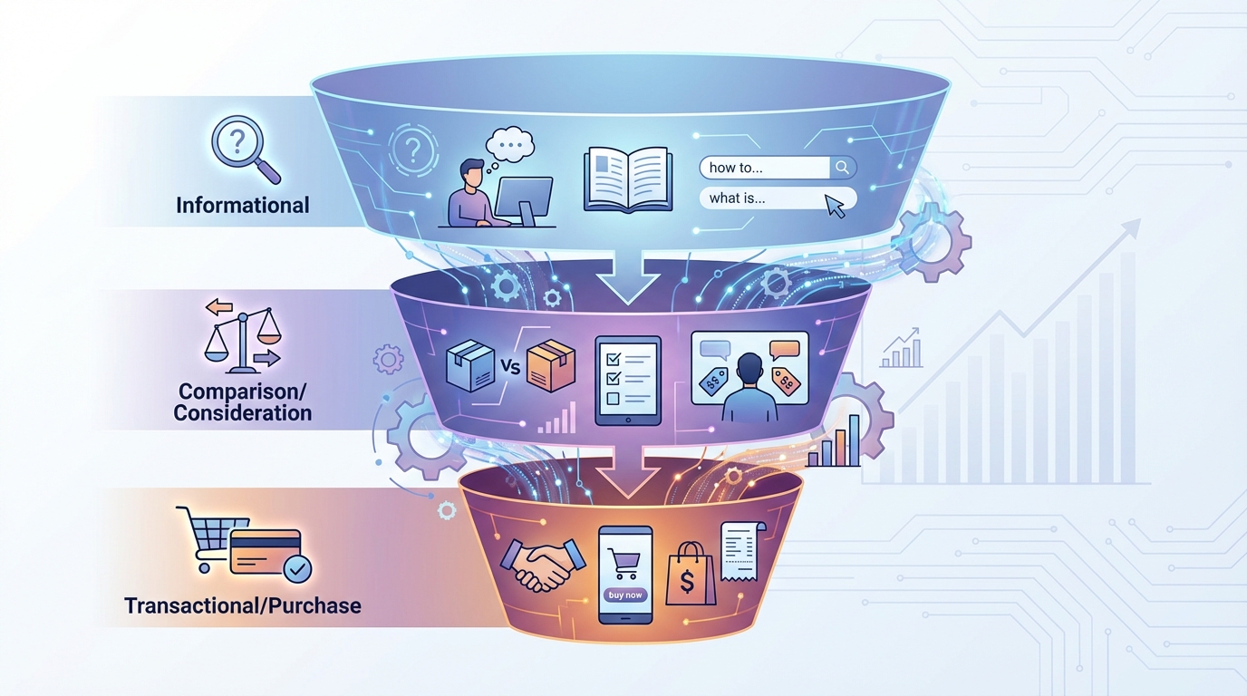 Funnel diagram showing three stages of search intent: Informational (top), Comparison/Consideration (middle), and Transactional/Purchase (bottom), with example keywords for each stage