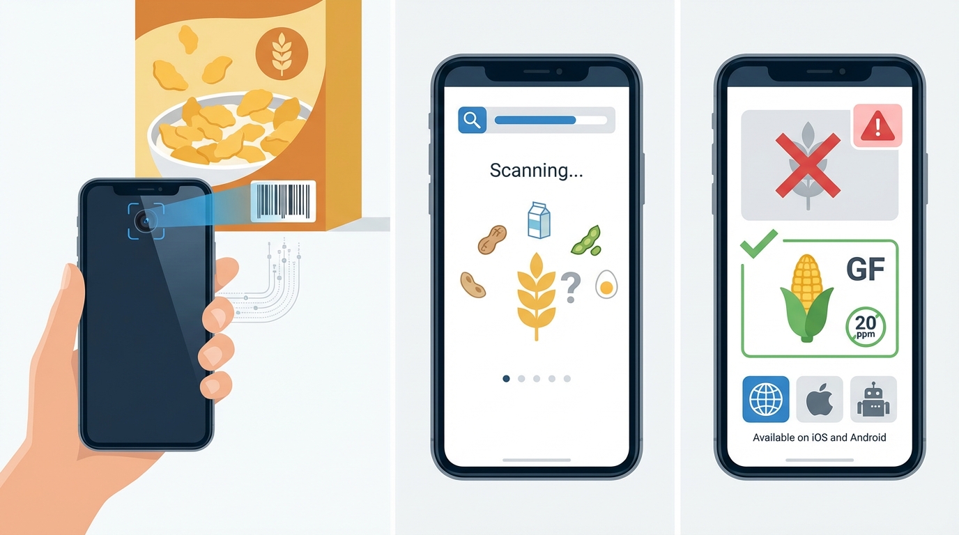 Step-by-step visual guide showing a smartphone scanning a cereal box barcode with the allergy checker app interface displaying gluten detection results