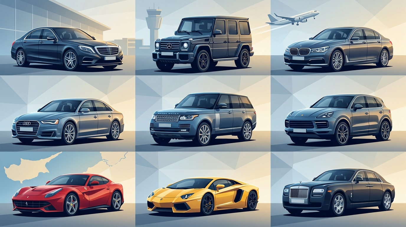 Grid or collage showcasing the elite fleet mentioned: Mercedes-Benz S-Class and G-Class, BMW 7 Series, Audi A8, Range Rover, Porsche Cayenne, Ferrari, Lamborghini, and Rolls-Royce