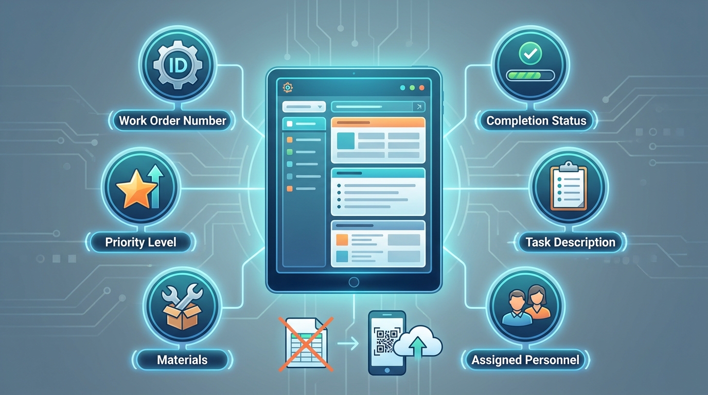 Infographic or diagram showing the anatomy of a work order template with labeled components (work order number, priority level, task description, assigned personnel, materials, completion status, etc.)