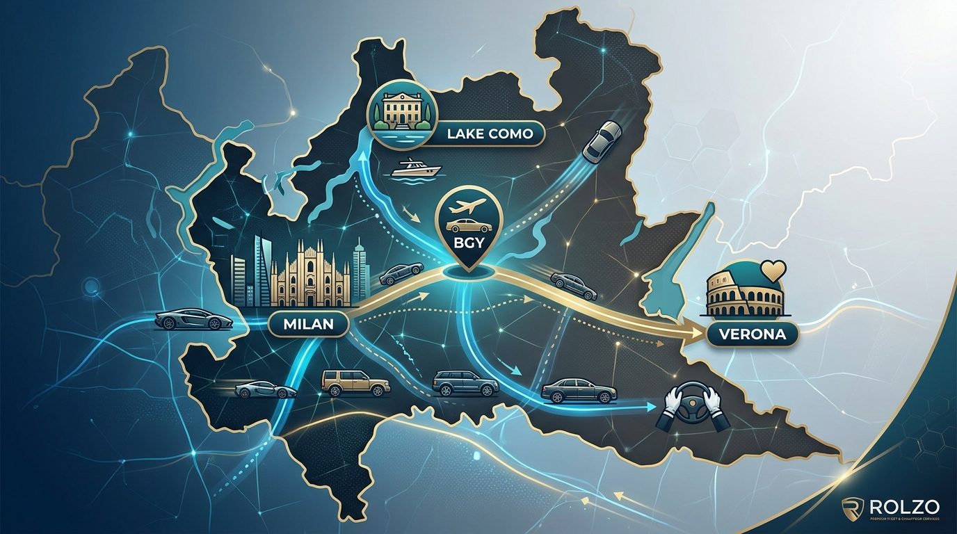 Map of northern Italy / Lombardy region highlighting key destinations reachable from Bergamo Airport such as Milan, Lake Como, and Verona with travel routes marked