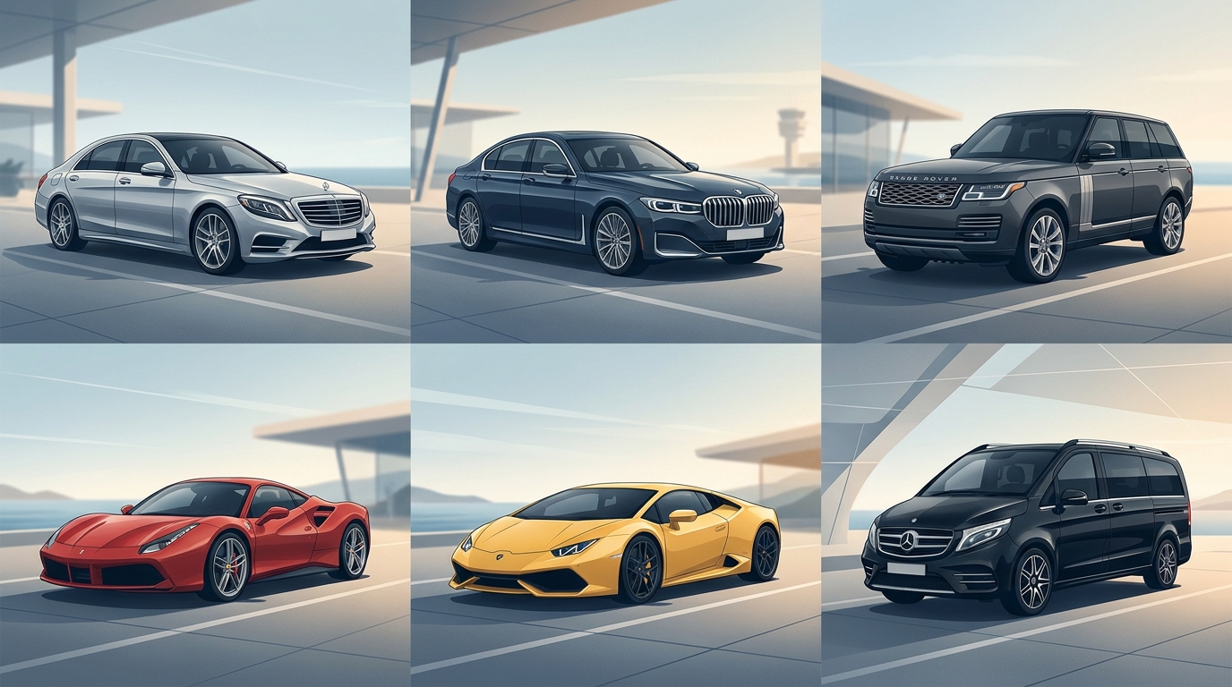 Visual showcase grid displaying luxury vehicle categories available at Larnaca Airport - Mercedes-Benz S-Class, BMW 7 Series, Range Rover, Ferrari, Lamborghini, and Mercedes-Benz V-Class with elegant photography